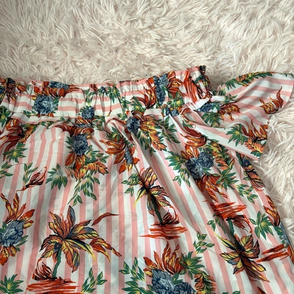 Entro Floral Off-Shoulder Top Small Floral Pink Striped Tropical Beach Blouse - Picture 2 of 5